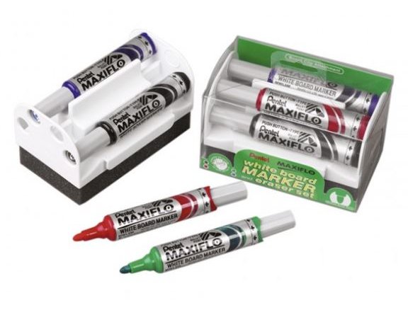 ROTULADOR PIZARRA PENTEL MAXIFLO SET 4 ROTULADORES CON BORRADOR MAGNETICO