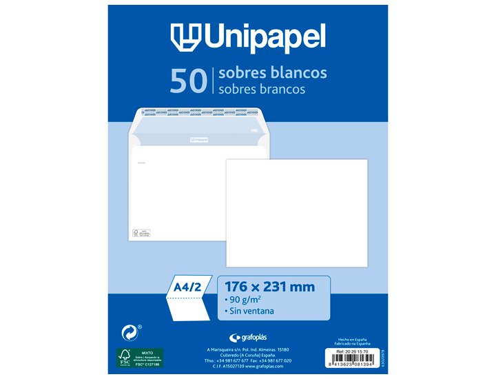 SOBRE BLANCO 176X231 PACK 50 Unidades