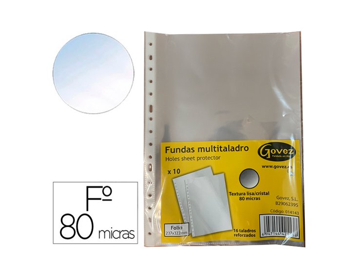 FUNDA MULTITALADRO CRISTAL 80 Micras Paquete 10 Fundas FOLIO GOVEZ