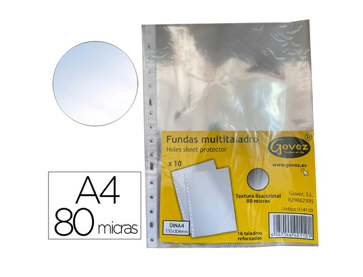 FUNDA MULTITALADRO CRISTAL 80 Micras Paquete 10 Fundas DINA4 GOVEZ