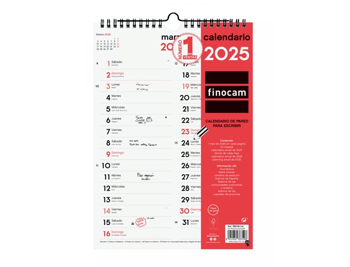CALENDARIO DE PARED ESPIRAL 210X300 MM FINOCAM NEUTRO PARA ESCRIBR DOS COLUMNAS