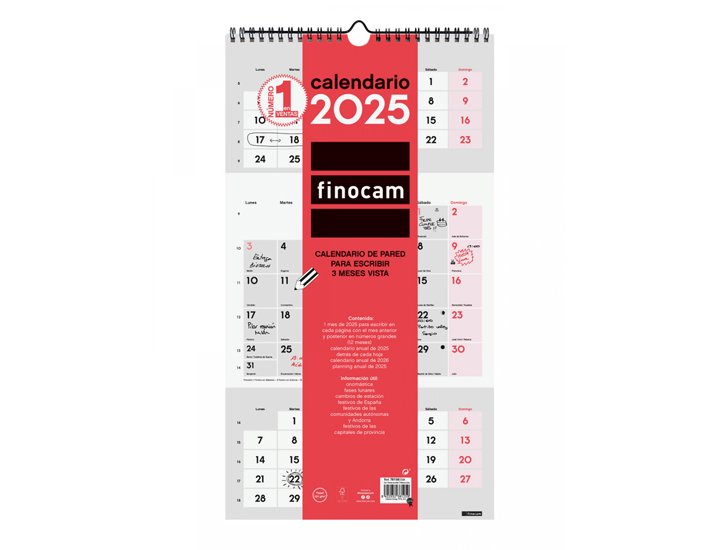 CALENDARIO DE PARED ESPIRAL 236X430 MM FINOCAM PARA ESCRIBIR 3MESES /VISTA