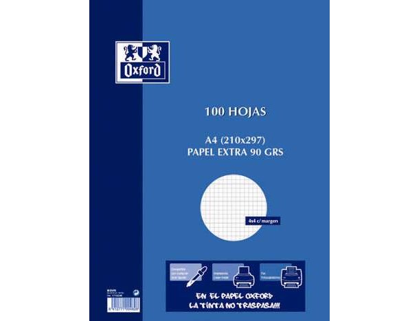 PAPEL APUNTES 100 HOJAS 90 Gramos DINA4 OXFORD CUADRO 4X4 MM CON MARGEN