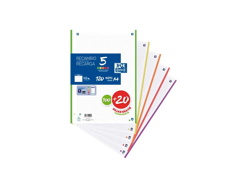 RECAMBIO OXFORD DINA4 4 TALADROS 5 COLORES 120 Hojas CUADRO 5X5MM VIVOS