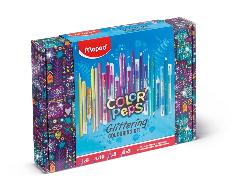 KIT MAPED COLOR PEPS GLITTERING CAJA SURTIDA LAPICES CERAS RORULADORES PEGAMENTO DE PURPURINA