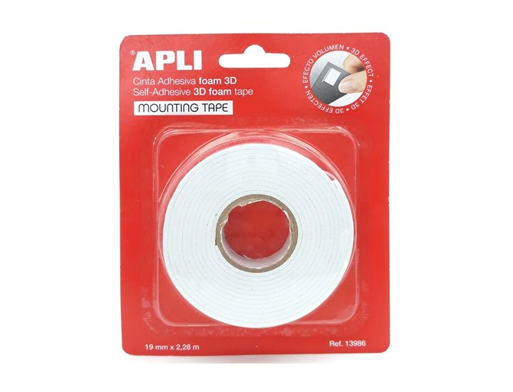 CINTA ADHESIVA DOBLE CARA APLI 19X2,28M ESPUMA 3D