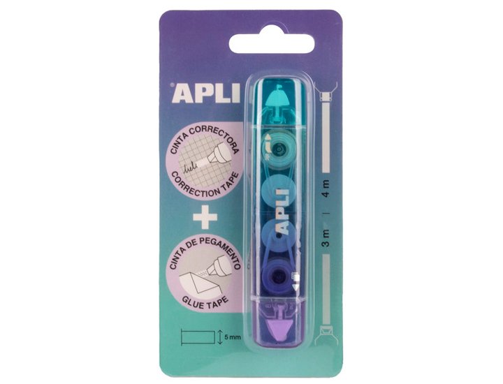 CINTA CORRECTORA + CINTA DE PEGAMENTO 2 EN 1 APLI COLOR MORADO/VERDE