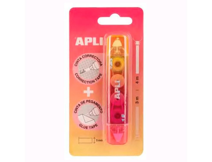 CINTA CORRECTORA + CINTA DE PEGAMENTO 2 EN 1 APLI COLOR ROSA/AMARILLO