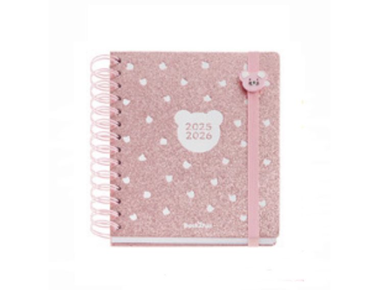 AGENDA ESCOLAR ESPIRAL 155X180 MM MINI TAPA CARTON DIA PAGINA ROSA GLITTER