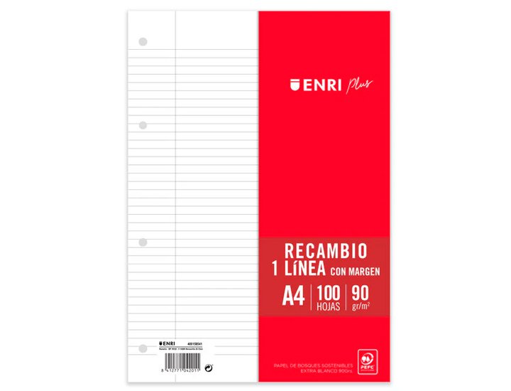 RECAMBIO FOLIO  4 TALADROS HORIZONTAL 90 Gramos 100 Hojas ENRI