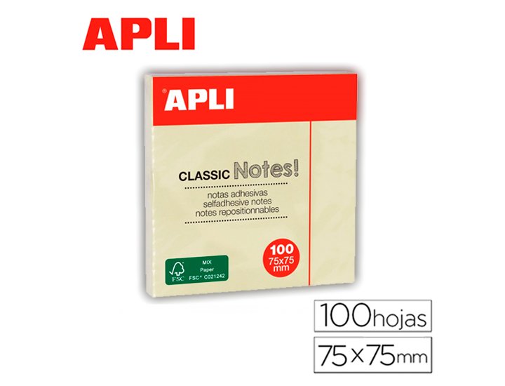 BLOC ADHESIVO 075X075 100 Hojas APLI CLASSIC AMARILLO
