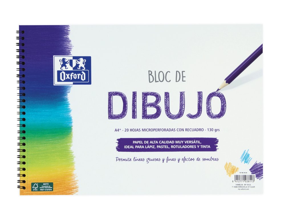 BLOC DE DIBUJO ESPIRAL OXFORD DINA4+ 20 HOJAS 130 Gramos CON RECUADRO