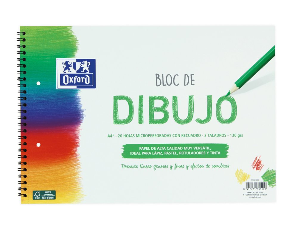BLOC DE DIBUJO ESPIRAL OXFORD DINA4+ 20 HOJAS 130 Gramos CON RECUADRO TALADROS