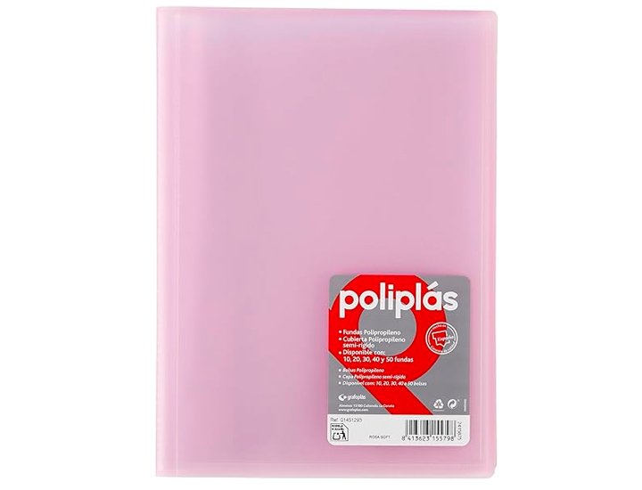 CARPETA FUNDAS DINA4 20 FUNDAS ENCUADERNADO GRAFOPLAST POLIPLAS TRASLUCIDO ROSA PASTEL