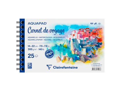 BLOC DE DIBUJO ESPIRAL ACUARELA 140X220 MM 300 Gramos GRANO MEDIO-FINO 25 Hojas CLAIREFONTAINE AQUAPAD Carnet de Voyage