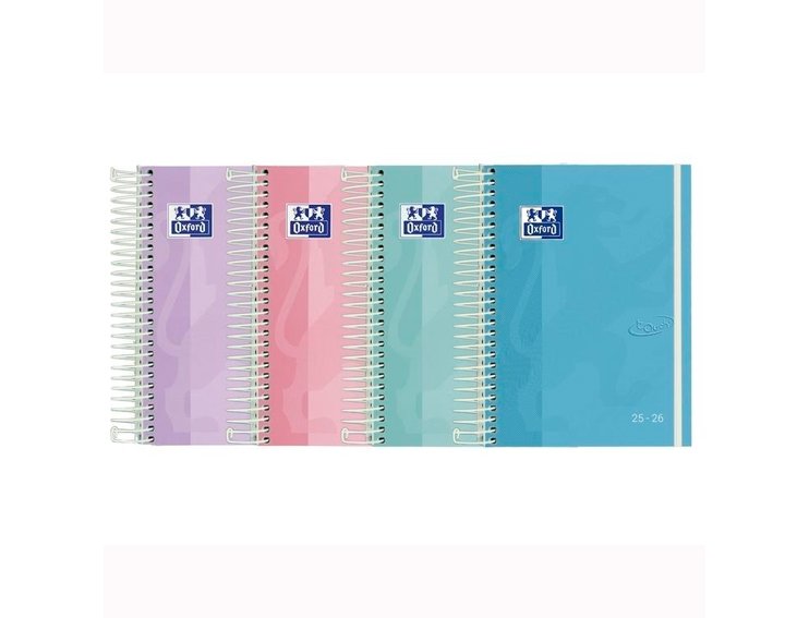 AGENDA ESCOLAR ESPIRAL 120X180 MM OCTAVO DIA PAGINA TAPA EXTRADURA OXFORD TOUCH TACTO SUAVE COLORES PASTELES SURTIDOS