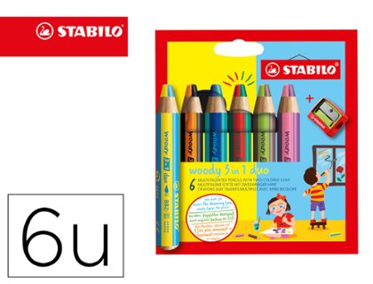 LAPIZ STABILO WOODY CAJA 6 COLORES 3 EN 1 + AFILALAPIZ